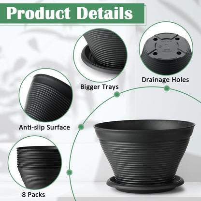 RooTrimmer 8 Inch Plastic Plant Pots with Saucers 8 Pack, Flower Pots with Drainage Holes, Sturdy Planter Pots for Indoor Outdoor, Modern Decorative Gardening Pots for Planting House Plants, Black
