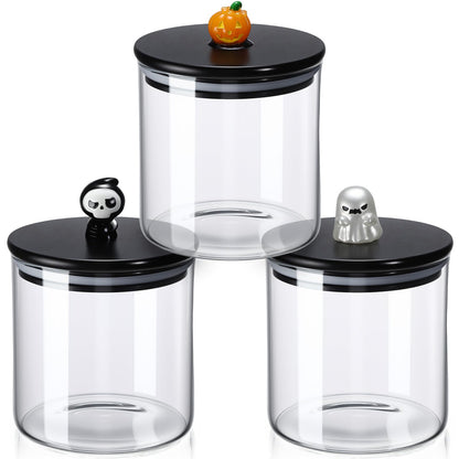 Chuangdi 22 oz Halloween Glass Jars with Bamboo Lid Set of 3 Ghost Grim Reaper Pumpkin Glass Storage Canister Halloween Decorations Indoor for Kitchen Tiered Tray Table Home Party Supplies