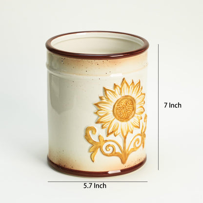 SOCOSY Ceramic Retro Sunflower Embossed Kitchen Utensil Holder, Large Cooking Utensil Crocks for Kitchen Countertop, Utensil Organizer