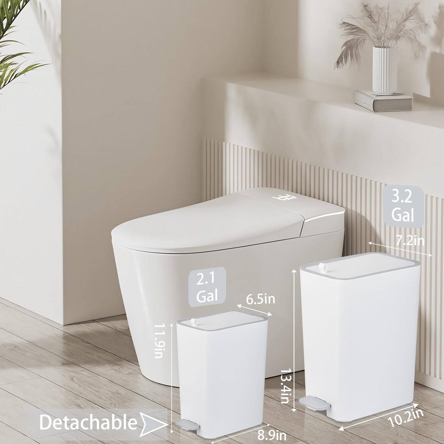 rejomiik Small Bathroom Trash Can with Lid, 2.1 Gallon Step Garbage Can with Handle, Slim Mini Wastebasket Bin for Bedroom, Office, Dorm, White