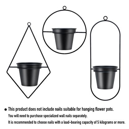 HemePaha Geometric Wall Planters for Indoor Plants Set of 3 Black Metal Wall Mounted Plant Holder (Diamond & Oval & Round Shapes) with 5 Inch Flower Pots, Modern Hanging Planters for Indoor Decor