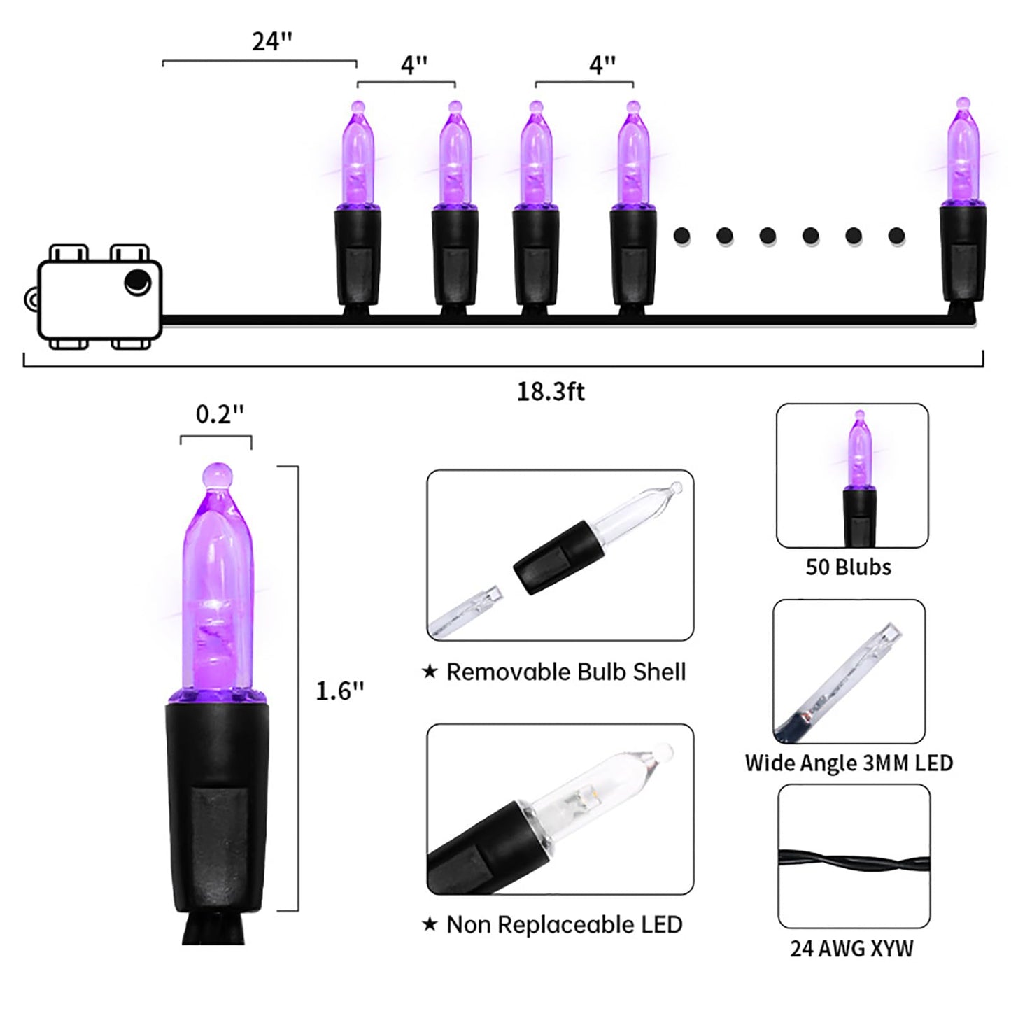 MULTI-SPARKING Battery Operated Halloween Lights 16ft 50 LED Mini String Lights for Small Tree, Wreath, Crafts, Indoor/Outdoor Halloween Decor, 8 Modes & Memory Function, Black Wire-Purple