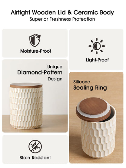 ArteBake Ceramic Canisters Sets for the Kitchen, Flour Sugar Storage Containers, Diamond-Patterned Design, Coffee Canister with Airtight Lid for Counter Spice and Food (White Sets of 2)