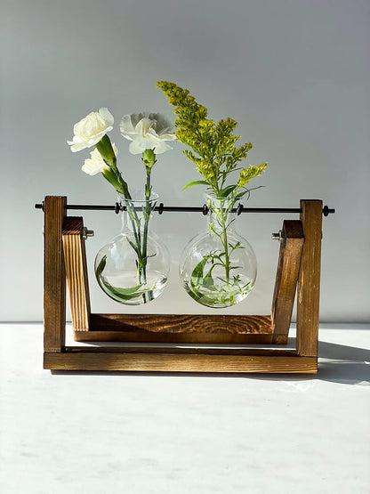 Kingbuy Glass Desktop Planter with Retro Wooden Stand and Plant Terrarium vase (2 Bulbs) for Indoor Office Desk Decor Accessories