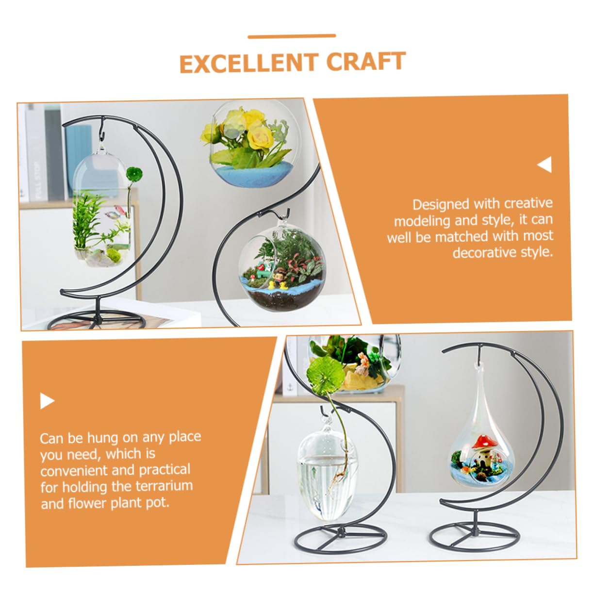 Zerodeko Moon Shaped Iron Ornament Display Stand with Hanging Glass Globe Holder Creative Plant and Terrarium Hanger for Balcony Home Office Decoration Suitable for Air Plants and Flower