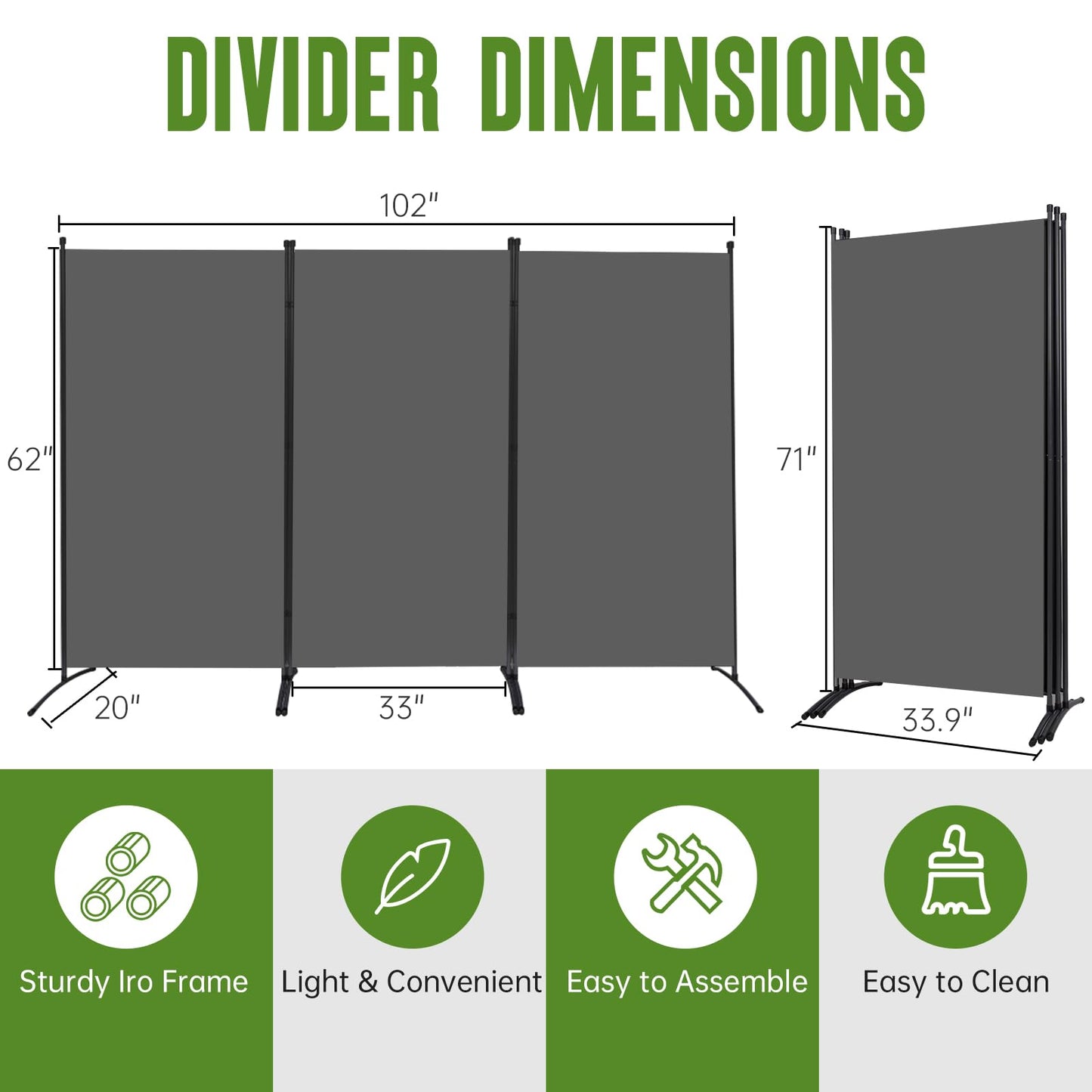 3 Panel Folding Room Divider, 102" Wx71.3 H Portable Wall Divider, Grey