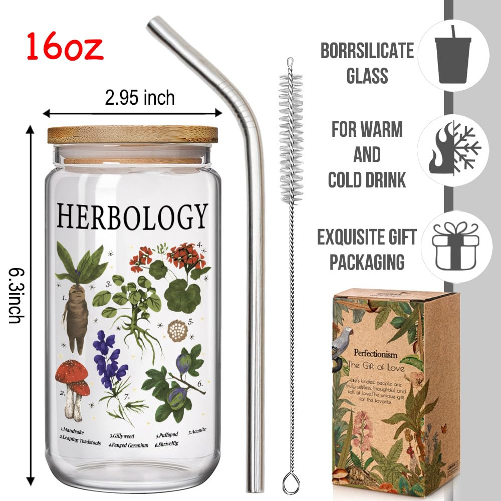 Enanaimg Herbology Witch Glass Cup Christmas Gift for Plant Lover 16 oz Glass Cup with Lids and Straws, Witch Gifts, Cute Magical Plants Botanical Iced Coffee Cups, Witchy Gift for Women, Friends