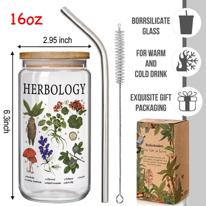 Enanaimg Herbology Witch Glass Cup Christmas Gift for Plant Lover 16 oz Glass Cup with Lids and Straws, Witch Gifts, Cute Magical Plants Botanical Iced Coffee Cups, Witchy Gift for Women, Friends