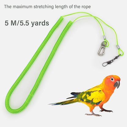 Parrot Flying Leash, 16.4 ft Training Rope with 3 Size Bird Foot Ring, Anti-Bite Elastic String for Cockatiels, Birds, Pigeon (Green)