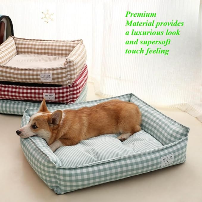 Orthopedic Rectangle Dog Bed for Medium Small Dogs, Plaid Plush Modern Puppy Sofa Bed with Anti-Slip Bottom, Cute Calming Pet Bed(Red,X-Large)