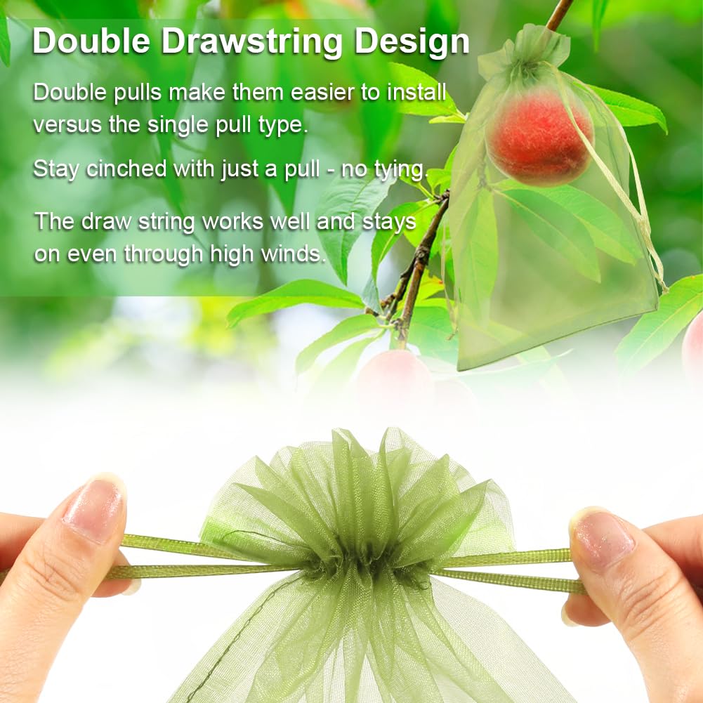 Shintop 100Pcs Fruit Protection Bags, 6x9 Inch Green Fruit Tree Netting Cover Drawstring Mesh Tomato Bags Pest Barrier for Apples Mango