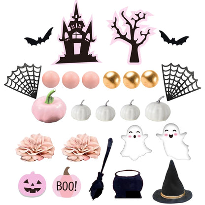 Pink Pumpkin Cake Topper - Boo Spooky Witch Ghost Flower Toppers for Halloween Birthday Baby Shower Party Supplies