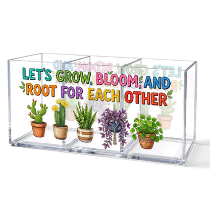 UAKXOIF Acrylic Pen Holder Organizer with 3 Compartments, “Let’s Grow, Bloom and Root for Each Other” Plant Design, Desk Organizer for Pen, Makeup, Office Supplie, Inspirational Gifts for Women Friend