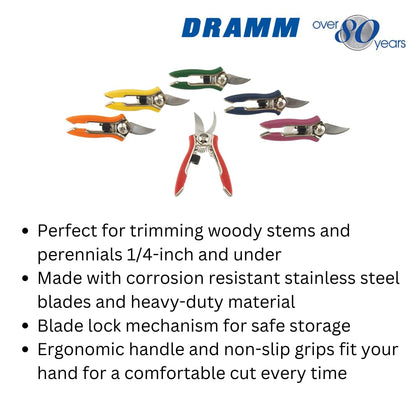 Dramm ColorPoint Stainless Steel Compact Garden Pruning Shears, Hand Pruner, Garden Clippers, with Heavy Duty Blade and Easy grip Handle, Berry