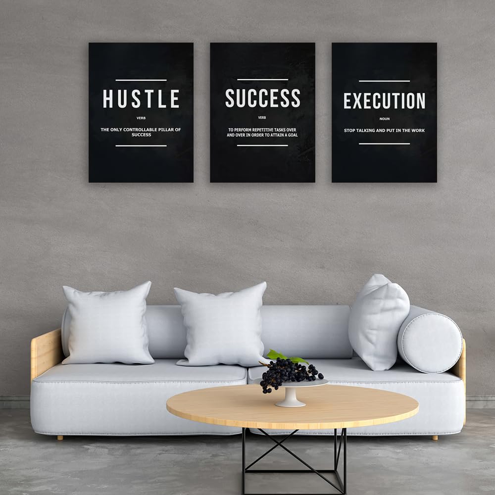 Halioyo Motivational Wall Art, 3 Pane Inspirational Canvas Prints with Positive Saying, Hustle Success Office Wall Decor for Living Room, Bedroom, Workspace, Ready to Hang(12x16 inch)