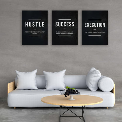 Halioyo Motivational Wall Art, 3 Pane Inspirational Canvas Prints with Positive Saying, Hustle Success Office Wall Decor for Living Room, Bedroom, Workspace, Ready to Hang(12x16 inch)