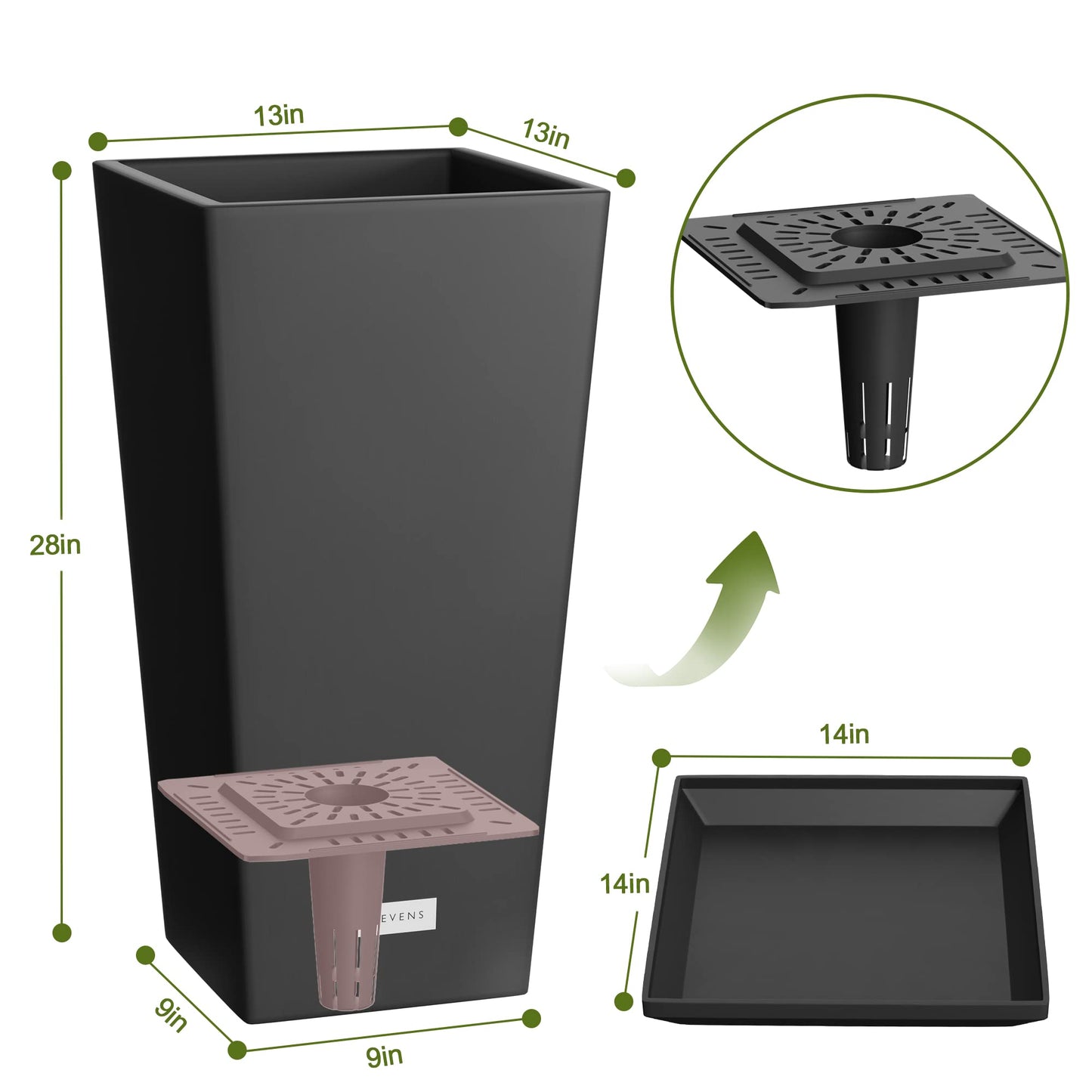 Elevens Outdoor Planter Larger Flower Pots Indoor Taper Garden V-Shape Tall Planters 28 inches Garden Pots Planter with 2 Trays - Black（2 Packs）, 28"-2 Pack (A-GE01002)