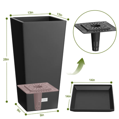 Elevens Outdoor Planter Larger Flower Pots Indoor Taper Garden V-Shape Tall Planters 28 inches Garden Pots Planter with 2 Trays - Black（2 Packs）, 28"-2 Pack (A-GE01002)