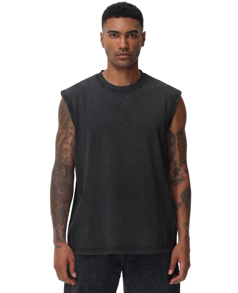 SnowElve 3 Pack Mens Workout Tank Tops Sleeveless Tee Shirts Men Muscle Shirt Gym Acid Wash T Shirts Running Beach Loose Fit Tee(ACCFBK,XL)
