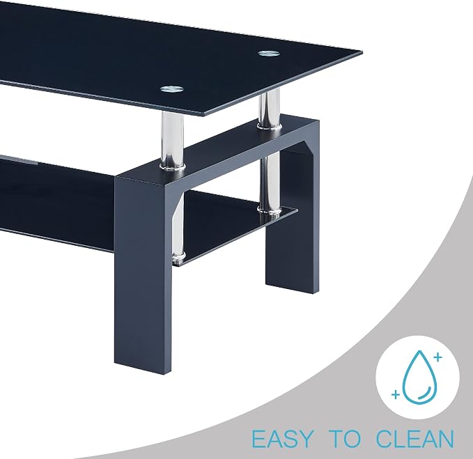 Btrpily Living Room Rectangle Coffee Table, Tea Table Suitable for Waiting Room, Modern Side Coffee Table with Wooden Leg, Glass Tabletop with Lower Shelf, 39.5D x 23.5W x 17.5H in, Black