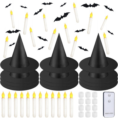 80 Pcs Halloween Hanging Witch Hats and Taper Floating Candles Set Includes 12 Witch Hats 12 LED Floating Candles Lights 56 3D Bats Wall Stickers for Halloween Decoration Front Porch Yard Decor