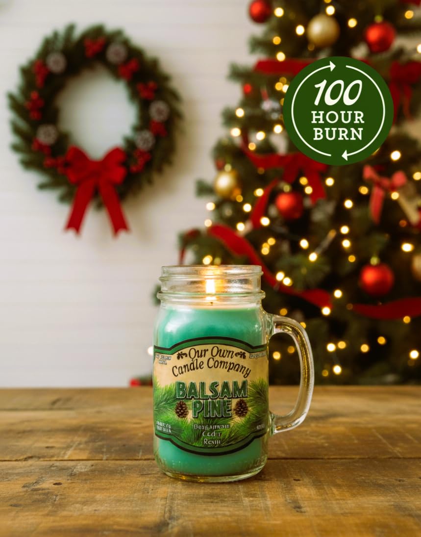 Balsam Pine Scented Mason Jar Candle – 13 oz, Long Lasting 100 Hour Burn, Soy Blend with Lead-Free Wick – Our Own Candle Company