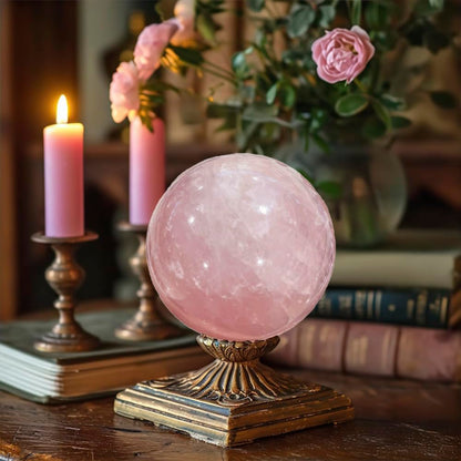 1.97-2.36inch/5-6cm Natural Rose Quartz Crystal Ball with Stand, Polished Pink Quartz Divination Sphere, Reiki Healing Gemstone Ball, Home Desktop Decorative Ornament, Crystal Craft Gift