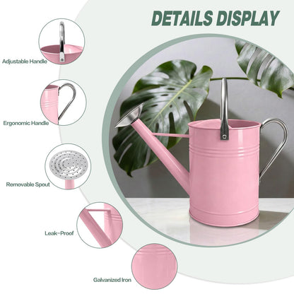 Metal Watering Can for Outdoor Plants, 1.7 Gallon Pink Garden Watering Can for Flower, Houseplants, Galvanized Finish
