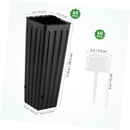 Yardwe 60 Pcs Tree Pots, 11.41" Tall Plastic Plant Nursery Containers with Plant Labels, Black Seedling Pots for Indoor Outdoor Gardening