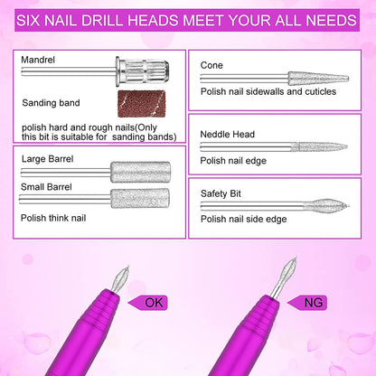 Portable Electric Nail Drill File Machine with Acrylic Nail Kit Set Professional 20000rpm Manicure Pedicure with Sanding Bands Brush for Nail Art Gel Nail Polish Tips Clippers