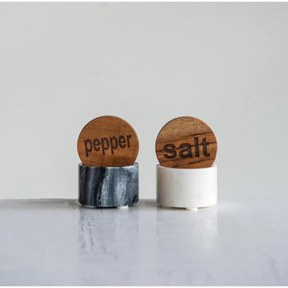 The Bridge Collection Contemporary Salt and Pepper Pinch Pot - Unique Kitchen Accent for Modern Dining Spaces -Sleek Marble Base with Wooden Tops Functional Dining Decor