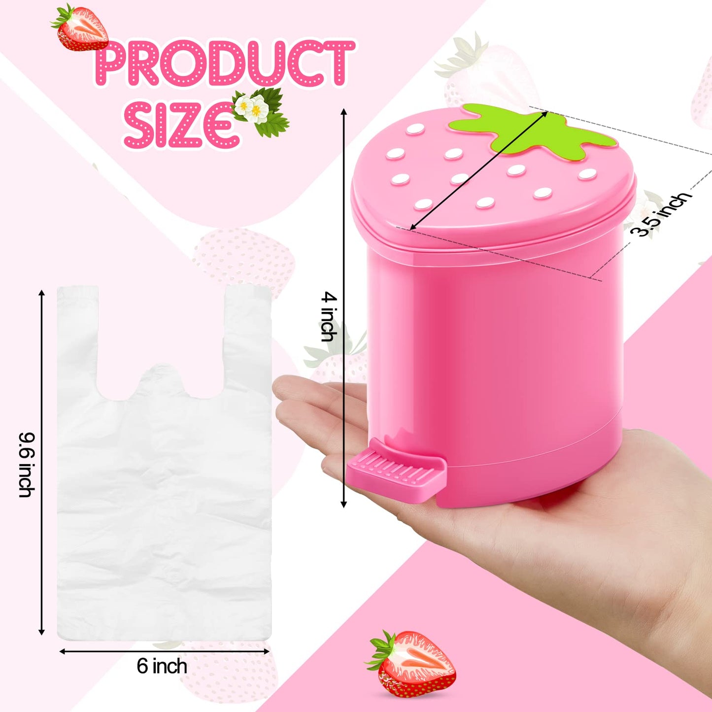 3 Pcs Strawberry Trash Can with 100 Pieces of Trash Bags 4 x 3.5 inch Cute Mini Pop up Trash Can Pink Desktop Garbage Can Strawberry Countertop Wastebasket for Desk Bathroom Bedroom Kitchen Office