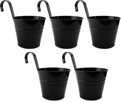 Darware 5-Pack of 6-Inch Black Metal Hanging Flower Pots with Drainage Holes for Indoor/Outdoor Use