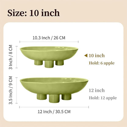 Three-Leg Ceramic Fruit Bowl, 10 Inch Oval Serving Dish for Kitchen Counter, Candy or Key Holder, Home Decor Accent Beige Green