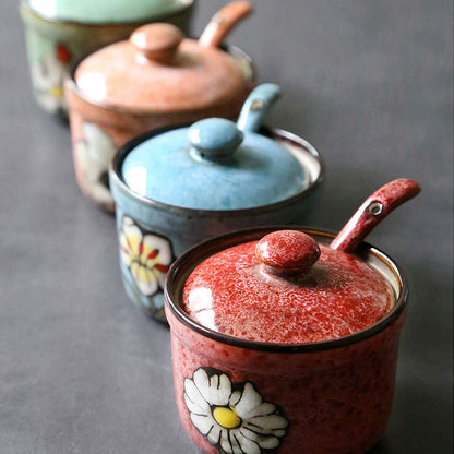 VanEnjoy Retro Hand Painted Flower Ceramic Round Sugar Bowls Spice Containers Porcelain Jar with Spoon Round Condiment