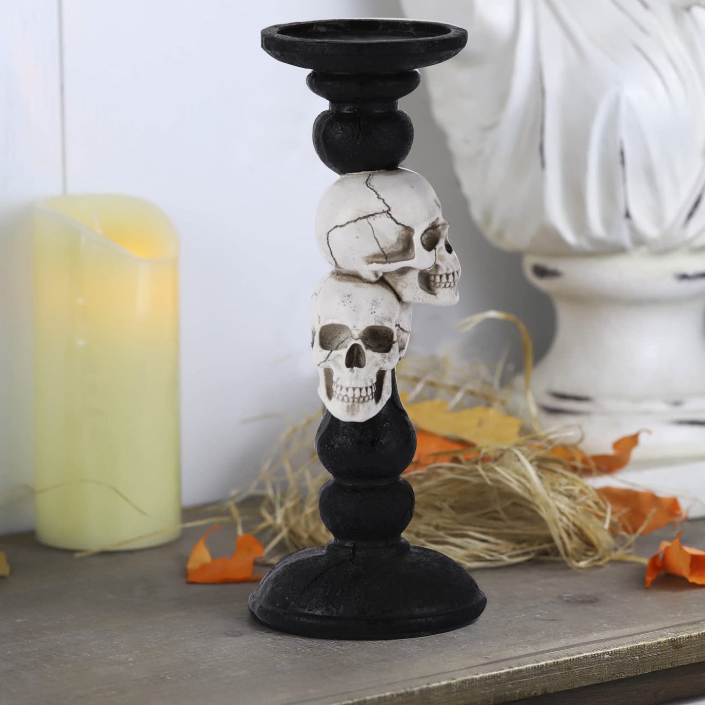 OYATON Pillar Candle Holder for Halloween Decoration Indoor, Skull Candlestick Holder for 3 Inches Pillar Candle