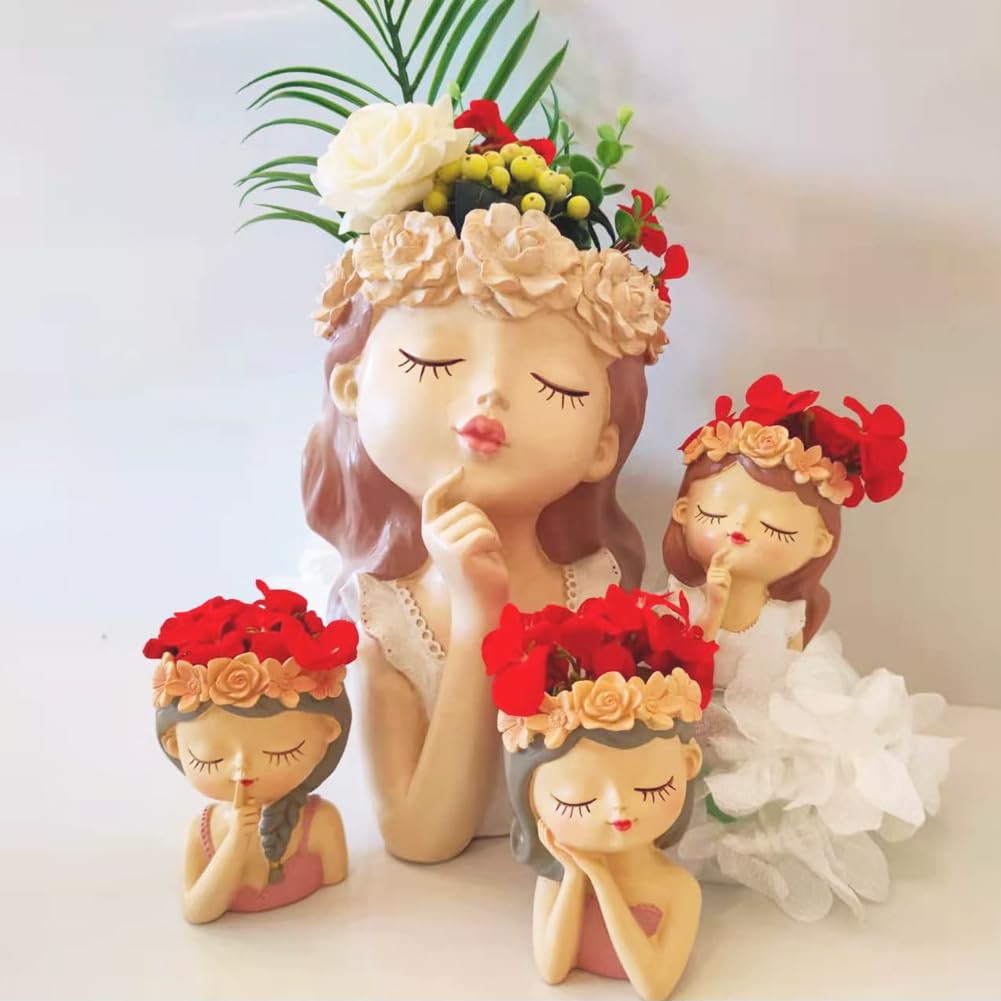 Cute Succulent Plant Pot with Drainage Hole large girl face planter pot big Resin lady head planter 11 inch tall flower vases for indoor and Outdoor plants fairy garden gift for female plants lover