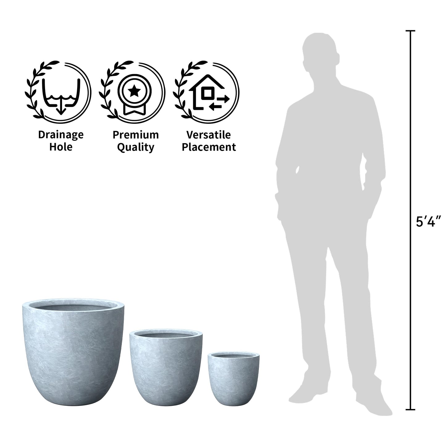 Kante Round Concrete Planter Set of 3, Large Outdoor Indoor Plant Pots with Drainage Hole, 10/14/18-Inch Diameter Flower Pots for Patio, Garden and Home, Slate Gray