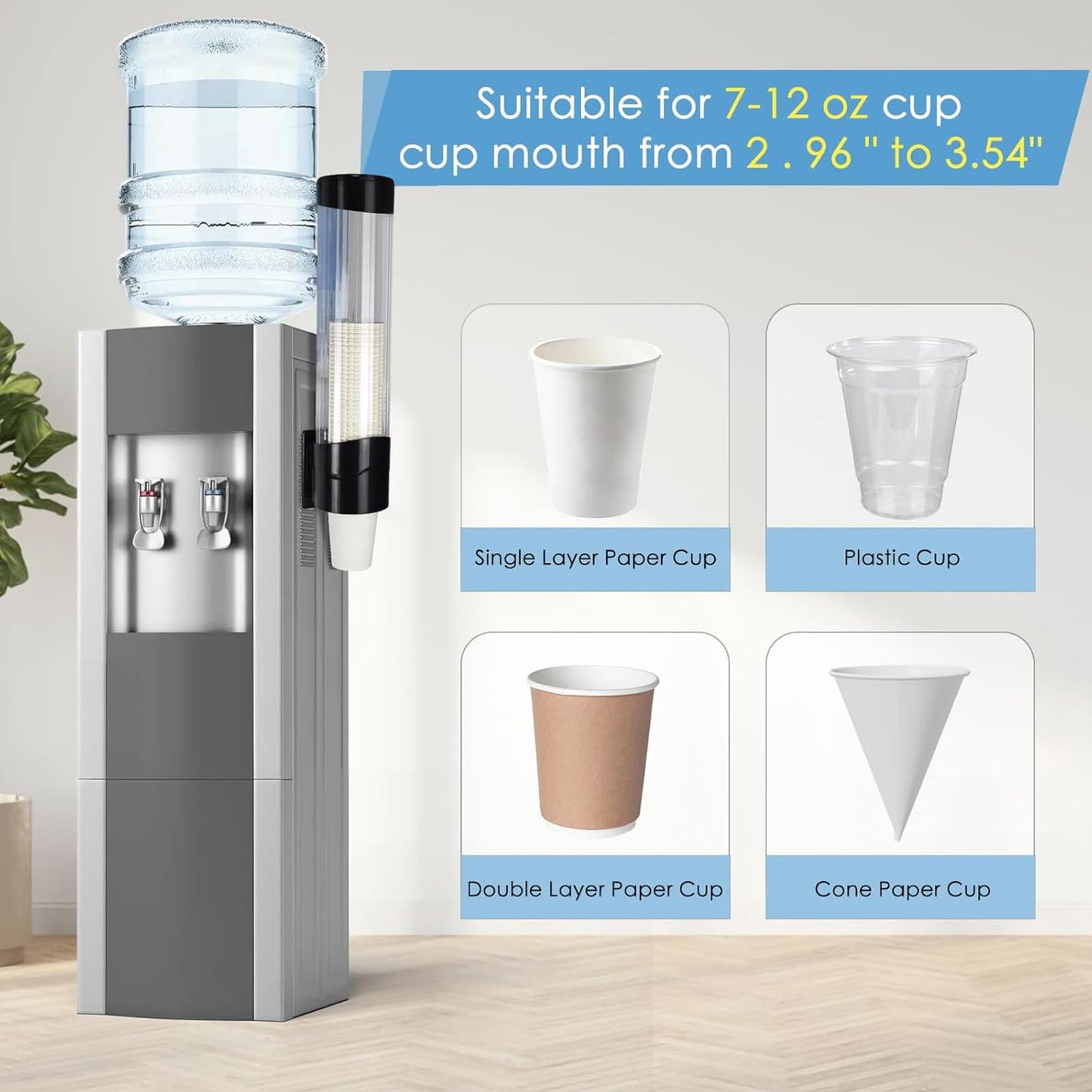 Samhe Cup Dispenser Water Dispenser Cup Holder Pull Type Paper Automatic Remover 7oz - 12oz Cone or Flat Bottom Cups for Home Office Hospital (Black, Large)