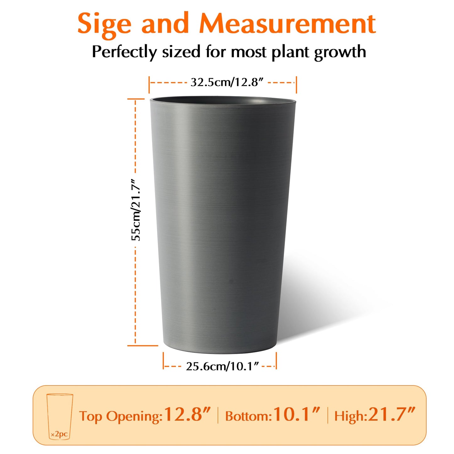 GDFStudio 21.7" Tall Planters Set of 2, Large Planter Pots with Drainage Holes, UV and Crack Resistant, Modern Matte Finish for Indoor Outdoor Balcony Patio Garden, Grey