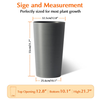 GDFStudio 21.7" Tall Planters Set of 2, Large Planter Pots with Drainage Holes, UV and Crack Resistant, Modern Matte Finish for Indoor Outdoor Balcony Patio Garden, Grey