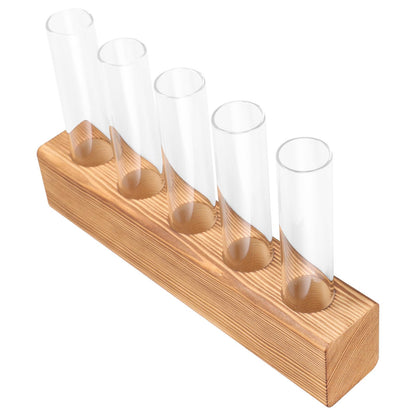 minkissy Hydroponic Plant Vase Glass Planter with 5-Hole Wooden Stand for Indoor Desktop Terrarium and Plant Propagation Home Office Décor