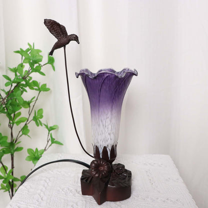 Bieye LL102 Hummingbird Flying Over Lily Flower Blown Glass Table Lamp for Home Decor (White Indigo, 4.25Wx12H)