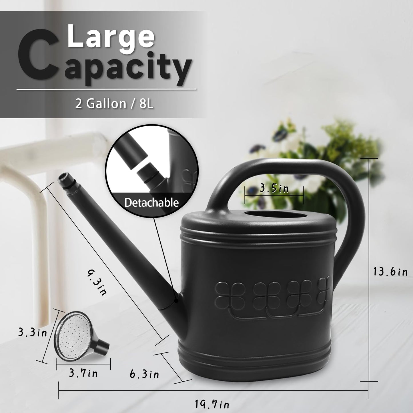 2 Gallon Watering Can, Outdoor Watering Can for Plants, Garden Water Can with Removable Long Spout and Stainless Steel Sprinkler Head, Large Water Can for Greenhouse (Black, 2 Gallon)