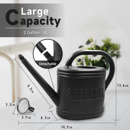 2 Gallon Watering Can, Outdoor Watering Can for Plants, Garden Water Can with Removable Long Spout and Stainless Steel Sprinkler Head, Large Water Can for Greenhouse (Black, 2 Gallon)