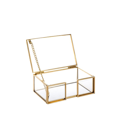 Feyarl Clear Gold Glass Business Card Box with Lid Name Card Display Organizer Container Collection Storage for Office Desktop CounterTop Meeting