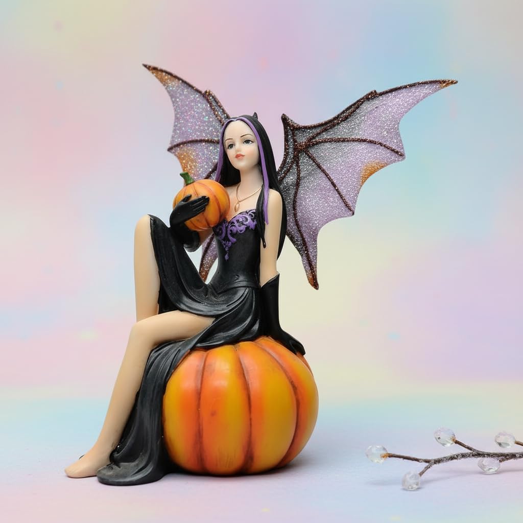 Comfy Hour 5.9" Resin Halloween Pumpkin Fairy Figurine, Gothic Dark Fantasy Sorceress Statue with Bat Wings, Mystical Antique Style Home Decor