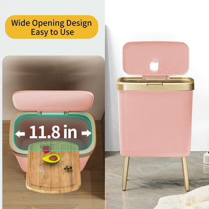 Procade Bathroom Trash Can with Lid, 4 Gallon Pink Garbage Can, Tall Plastic Trash Bin with Push Button, Slim Gold Trash Can Waste Basket for Room, Bedroom,Office,Kitchen