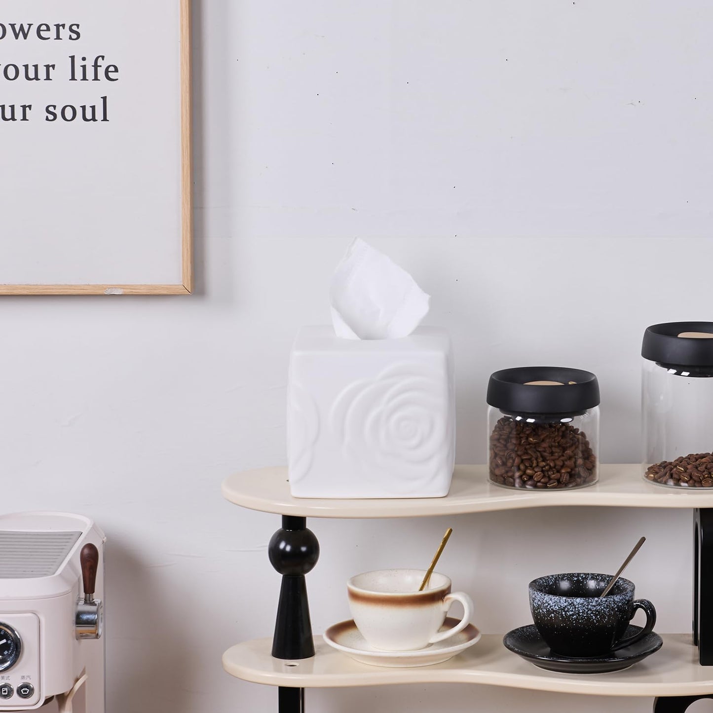 White Ceramic Rose Tissue Box Cover, Carved Flowers Large Square Tissue Box Holder Decorative for Bathroom, Vanity, Kitchen Countertop, Bedroom Night Stands, Office Desk Top