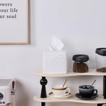 White Ceramic Rose Tissue Box Cover, Carved Flowers Large Square Tissue Box Holder Decorative for Bathroom, Vanity, Kitchen Countertop, Bedroom Night Stands, Office Desk Top